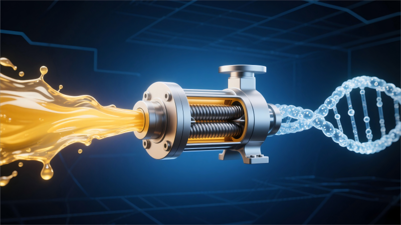 3D render of a twin screw pump with two intertwining fluids representing product and CIP, highlighting its 2-in-1 capability for the food and pharma industry.